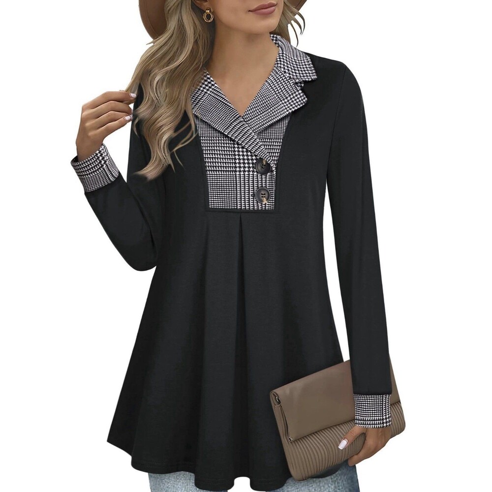 Gaharu Women's Swing Tunic Notch Collar Button Long Sleeve Top Size 2Xl Black
